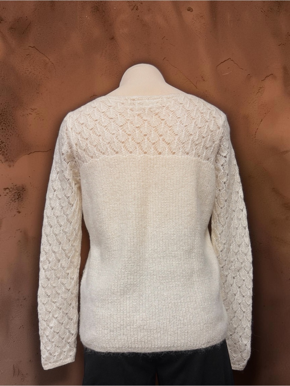 Sezane Hortense Open-Knit Yoke Mohair Wool Blend Sweater Ecru White - Picture 3 of 4